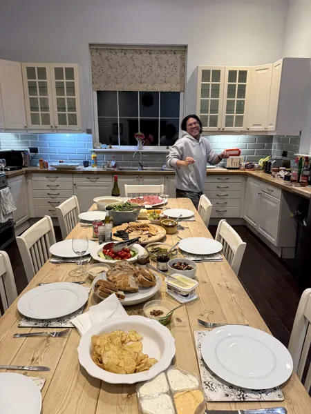 Dinner laid out in the shared kitchen
