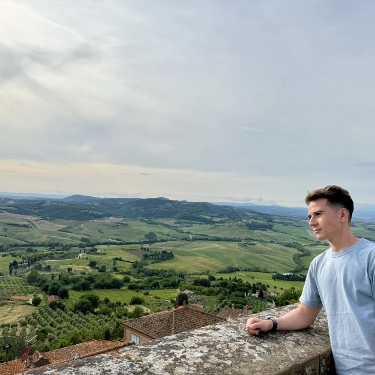 James overlooking the countryside on his travels