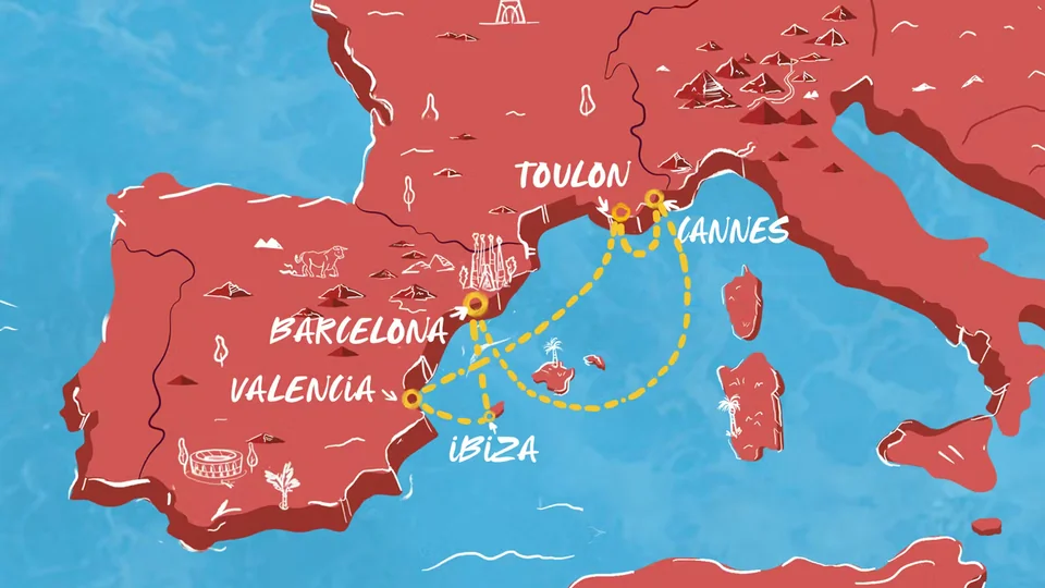 Route map showing Barcelona, Toulon, Cannes, Ibiza and Valencia